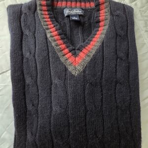 Brooks Brothers Men's V-Neck Sweater in Black with Red and Gray Stripes